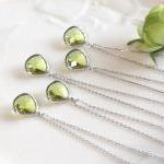 Bridesmaid gifts - Set of 5 - Peridot crystal pendant necklace, Olive Green, stone in bezel