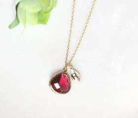 Leaf initial, Ruby crystal pendant necklace, stone in bezel, Initial necklace,birthstone of July