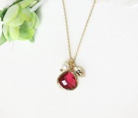 Leaf initial, Ruby crystal pendant necklace, with freshwater pearl, stone in bezel, Initial necklace, birthstone of July