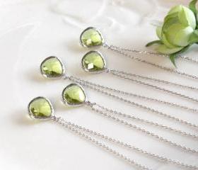 Bridesmaid gifts - Set of 5 - Peridot crystal pendant necklace, Olive Green, stone in bezel