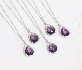 Bridesmaid gifts - Set of 5 - Amethyst purple crystal drop necklace, Gorgeous Drop ,stone in twisted bezel