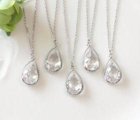 Bridesmaid gifts - Set of 5 - Clear crystal drop necklace, Gorgeous Drop ,stone in twisted bezel