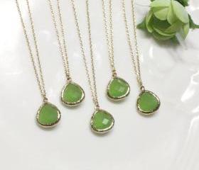 Bridesmaid gifts - Set of 5 - green pendant necklace, apple green, stone in bezel