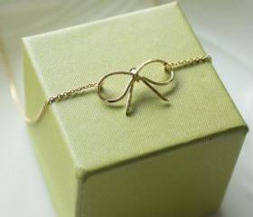 Bridesmaid gifts - Set of 5 - Ribbon tied necklace, tiny bow necklace in gold