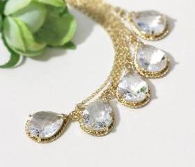 Bridesmaid gifts - Set of 5 - Clear white crystal drop necklace, Gorgeous Drop ,stone in twisted bezel