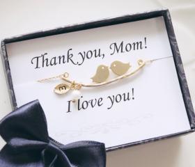 Mothers day gift - Thank you card & Love birds initial necklace,Personalized Initial Jewelry, Family necklace, Mom jewelry, gifts for mom