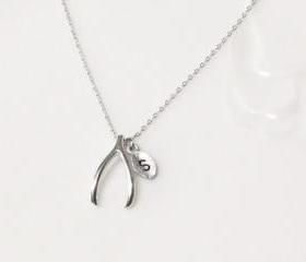 Leaf initial, wishbone pendant necklace,Initial necklace