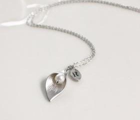 Leaf initial, Calla lily flower necklace,Initial necklace, freshwater pearl, mothers day