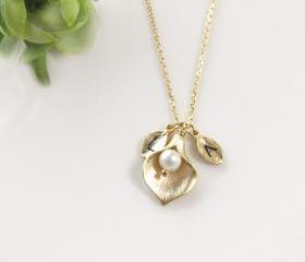Leaf initial, Calla lily flower necklace,Initial necklace, freshwater pearl, mothers day