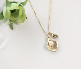 Leaf initial, Calla lily flower necklace,Initial necklace, freshwater pearl, mothers dayFrom ElliesButton