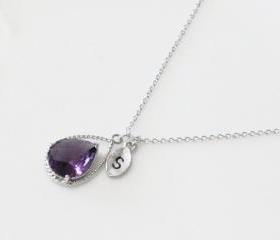 Leaf initial, Amethyst purple crystal drop necklace, Gorgeous Drop ,stone in twisted bezel,Initial necklace