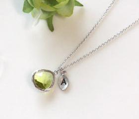 Leaf initial, Peridot crystal pendant necklace, Olive Green, Initial necklace, August Birthstone, Birthday Gift