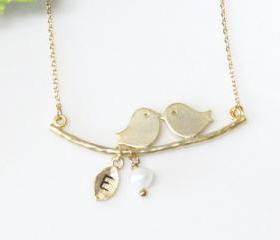Love birds initial necklace, Leaf Initial, Personalized Initial Jewelry, Family necklace, Mom jewelry, Mother Child