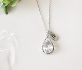 Leaf initial, Clear crystal drop necklace, Gorgeous Drop ,stone in twisted bezel,Initial necklace