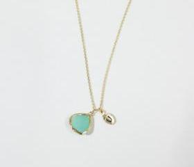 Leaf initial, Mint crystal pendant necklace, stone in bezel, Initial necklace