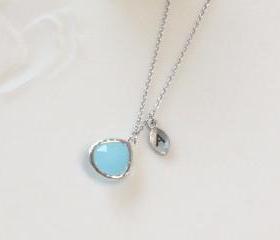 Leaf initial, Light blue pendant necklace, stone in bezel, Initial necklace