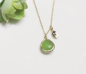 Leaf initial, Green crystal pendant necklace,apple green, stone in bezel, Initial necklace