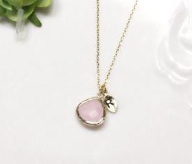 Leaf initial, Pink crystal pendant necklace, stone in bezel, Initial necklace