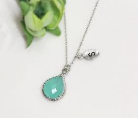 Leaf initial, Mint crystal drop necklace, Gorgeous Drop ,stone in twisted bezel, Initial necklace
