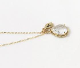 Leaf initial, Clear white crystal drop necklace, Gorgeous Drop ,stone in twisted bezel, Initial necklace