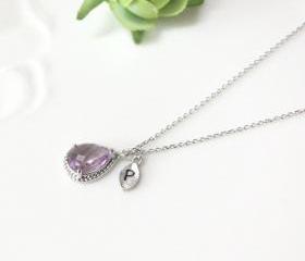 Leaf initial, Lavender crystal drop necklace, Gorgeous Drop ,stone in twisted bezel, Initial necklace